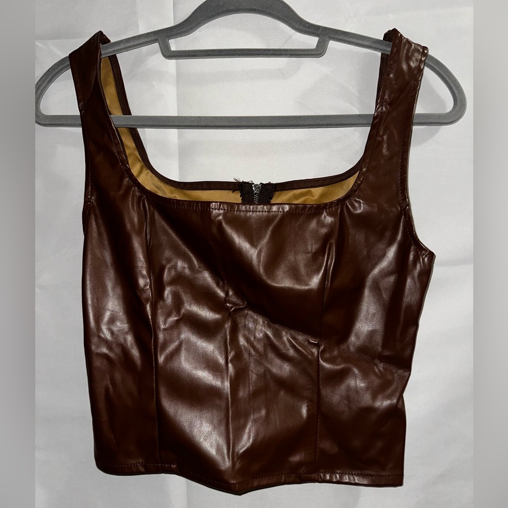 SHEIN Chocolate Brown Faux Leather Square-Neck Crop Top